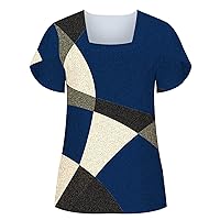 Womens Square Neck Color Block T-Shirts Petal Short Sleeve Fashion Print Tunic Tops Summer Casual Loose Fit Flowy Shirts