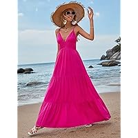 2023 Women's Dresses Ruffle Hem Maxi Cami Dress Women's Dresses (Color : Pink, Size : X-Large)