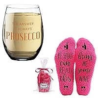 Humor Us Home Goods Wine Glass and Socks Bundle (set of 2) - The Answer Is Always Prosecco 15 oz Stemless Wine Glass and Bring Me Wine Fuzzy Pink Socks