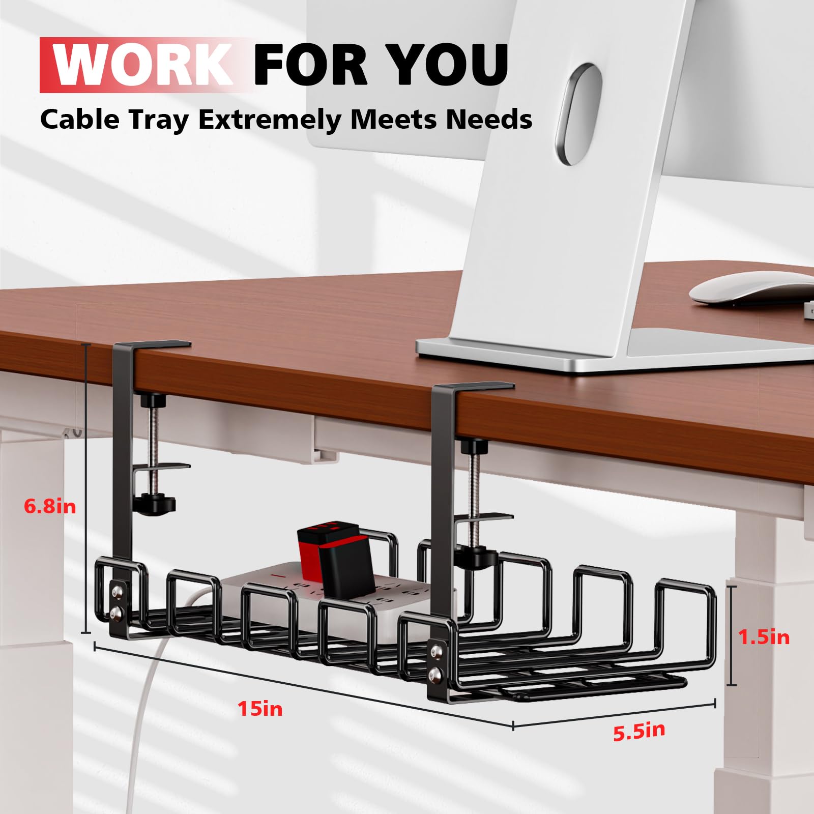 No Drilling Under Desk Cable Management, Large Space Metal Desk Cable Management, Adjustable and Removable Cable Management Tray Fits Most Table, Chunmi Black Cable Management Under Desk (1 Pack)