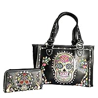sugar skull day of the dead embroidery gun concealed carry handbag purse set (black)