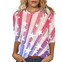 3/4 Sleeve Tops for Women Dressy Casual Cute T-Shirt USA Flag Printing Three Quarter Length Y2K Blouses Classic Tees