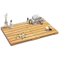 Waterproof Bamboo Bath Mat for Shower, Wooden Floor Mat for Bathroom, Foldable | Non-Slip | Heavy Duty, Shower Mat for Indoor Outdoor, 23.5in x 15.6in
