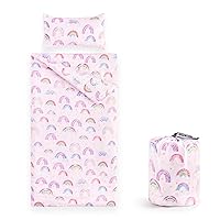 Wake In Cloud - Sleeping Bag for Kids Toddlers, Portable Compact Lightweight Backpacking Nap Mat with Pillow and Blanket, for Girls, Light Pink with Colorful Rainbows Clouds, 55
