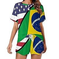American And Brazilian Flag Women's 2 Piece Pajamas Short Sleeve Shorts Sleepwear Set Causal Loungewear Home Suit