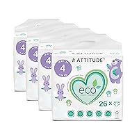 ATTITUDE Eco-Friendly Diapers, Non-Toxic, Hypoallergenic, Safe for Sensitive Skin, Chlorine-Free, Leak-Free & Biodegradable Baby Diapers, Plain White, Size 4 (15-40 lbs), 104 Count (4 Packs of 26)