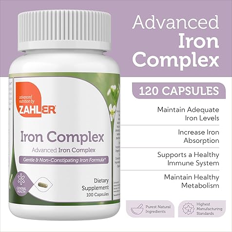 Iron Supplement with Vitamin C - Capsule Iron Pills for Women and Men - High Absorption, Easy on Stomach, Kosher Ferrous Iron Supplements with Vitamins C, B12, Folate & More - 100 Count