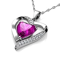 DEPHINI - Pink Heart Necklace - 925 Silver Pendant with White CZ & Pink Birthstone + Zirconia Crystal - 18