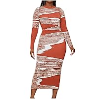 Womens Stretchy Ribbed Casual Midi Dress Fashion Color Block Print Bodycon Dresses Crewneck Long Sleeve Pencil Dress
