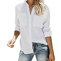 Womens Casual Button Down Long Sleeve Shirts V Neck Roll Up Cuffed Sleeve Work Solid Blouse Tops with Pockets