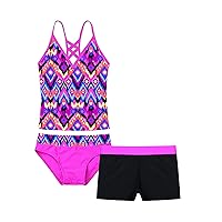 Little Big Girls' 3-Pieces Tankini Swimsuit Top with Shorts Set Summer Bikini Beachwear