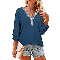 Messic Loose Work Shirts Office Shirts for Women Tunic Top with 3/4 Sleeve V Neck Dressy Tunic Shirt with Leggings Casual Summer Fashion Tops Athleisure Pullover Button up Blouses Blue,XL