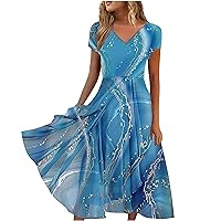 Summer Dresses for Women 2024 Casual Marble Print V Neck Short Sleeve Dress Comfy Chiffon Pleated Flowy Dresses