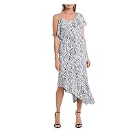 Vince Camuto Womens White Lined Adjustable Flutter Sleeve Ruffed Overlay Printed V Neck Tea-Length Sheath Dress S