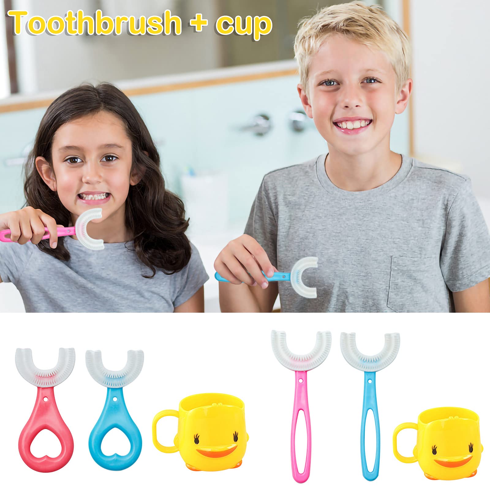 Goaupin 2 Pcs U-Shaped Manual Toothbrush for Kids(2-12Year), with a Toothbrushing Cup, U-Shape Portable Baby Food Grade Silicone Toothbrush ,Special Design for Toddlers/Children (B-2Pcs)