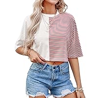 Tankaneo Womens Striped Cropped T Shirts Half Sleeve Loose Fit Color Block Summer Casual Crop Tops