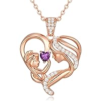 Mothers Day Gift, Mother and Child Love Heart Pendant Necklace, 925 Sterling Silver/Rose Gold Birthstone Necklace for Women, Mothers Day Valentines Anniversary Birthday Christmas Jewelry Gifts for Her Mom Women Wife Grandma