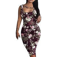 Ladies Spaghetti Strap Dresses Floral Slim Tunic Dresses for Women Square Neck Pencil Midi Fall Summer Dresses 2024