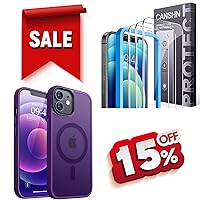CANSHN Magnetic Case for iPhone 12 and iPhone 12 Pro Deep Purple + 3 Pack Screen Protector for iPhone 12 and iPhone 12 Pro Tempered Glass with Easy Installation Frame - 6.1 Inch