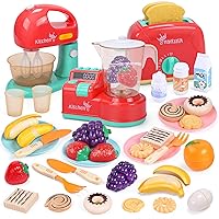 Toy Kitchen Appliances Playset, Kids Kitchen Toy Mixer and Blender with Sound & Lights, Play Toaster, Cutting Play Food, Toddler Play Kitchen Accessories Set for Boys Girls