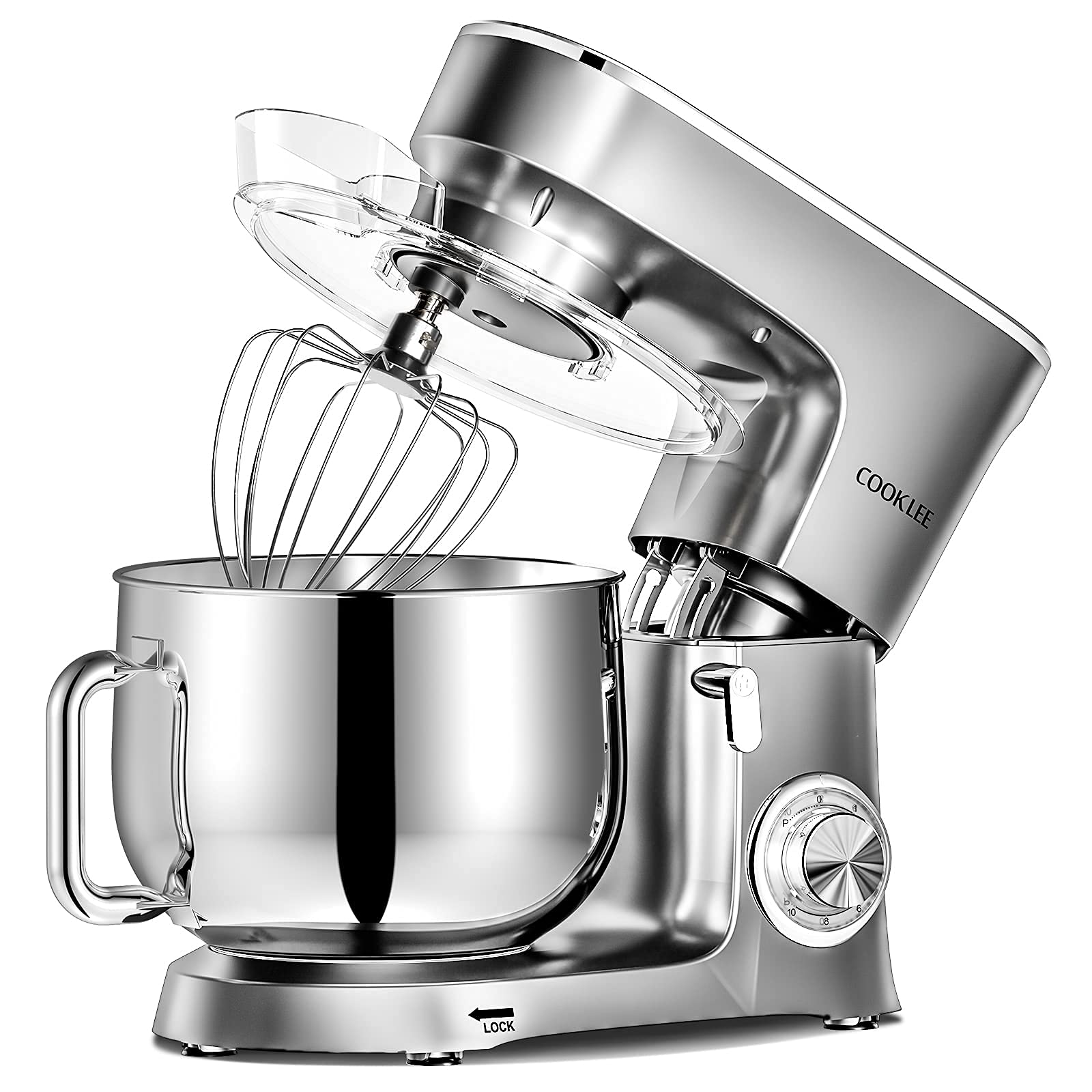 COOKLEE Stand Mixer, 9.5 Qt. 660W 10-Speed Electric Kitchen Mixer with Dishwasher-Safe Dough Hooks, Flat Beaters, Wire Whip & Pouring Shield Attachments for Most Home Cooks, SM-1551, Silver