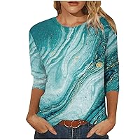 Womens T Shirts 2024 Trendy Geometric Color Patchwork Printed 3/4 Sleeves Blouse Round Neck Loose Casual Tops