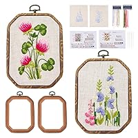Elecrelive 2 Sets Flower Embroidery Starter Kit for Beginners Adults Stamped Cross Stitch Kits 2 Embroidery Hoops & Fabric & Threads & Needles