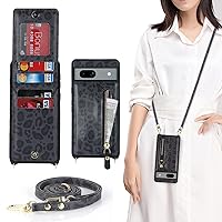for Google Pixel 7 Case with Card Holder for Women,Pixel 7 Phone Case Wallet with Strap Credit Card Slots Crossbody with Kickstand Zipper Shockproof Case for Pixel7 - Black Leopard
