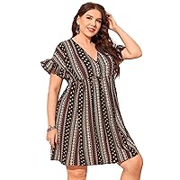 Womens Plus Size Dresses Summer Floral and Striped Print Flounce Sleeve Ruffle Smock Dress