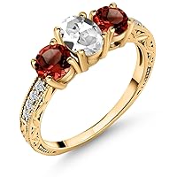Gem Stone King 2.22 Ct Oval White Created Sapphire Red Garnet 18K Yellow Gold Plated Silver Ring