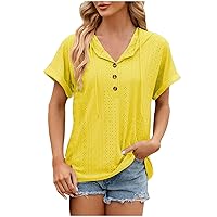 Women Summer Short Sleeve Hoodies Casual Hooded T Shirts Casual Eyelet Tops V Neck Button Blouses Tee Workout Top