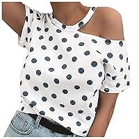 Womens Polka Dots One Shoulder Asymmetrical T-Shirts Summer Short Sleeve Round Neck Casual Loose Fit Cute Blouses