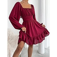 Women's Dress Dresses for Women Knot Back Lantern Sleeve Ruffle Hem Dress Dresses for Women (Color : Burgundy, Size : Large)