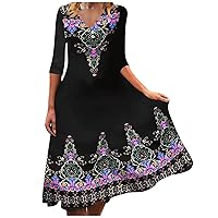 Wedding Guest Dresses for Women Casual Plus Size Floral Printed Sexy V-Neck Button 3/4 Sleeve Spring Autumn Dress