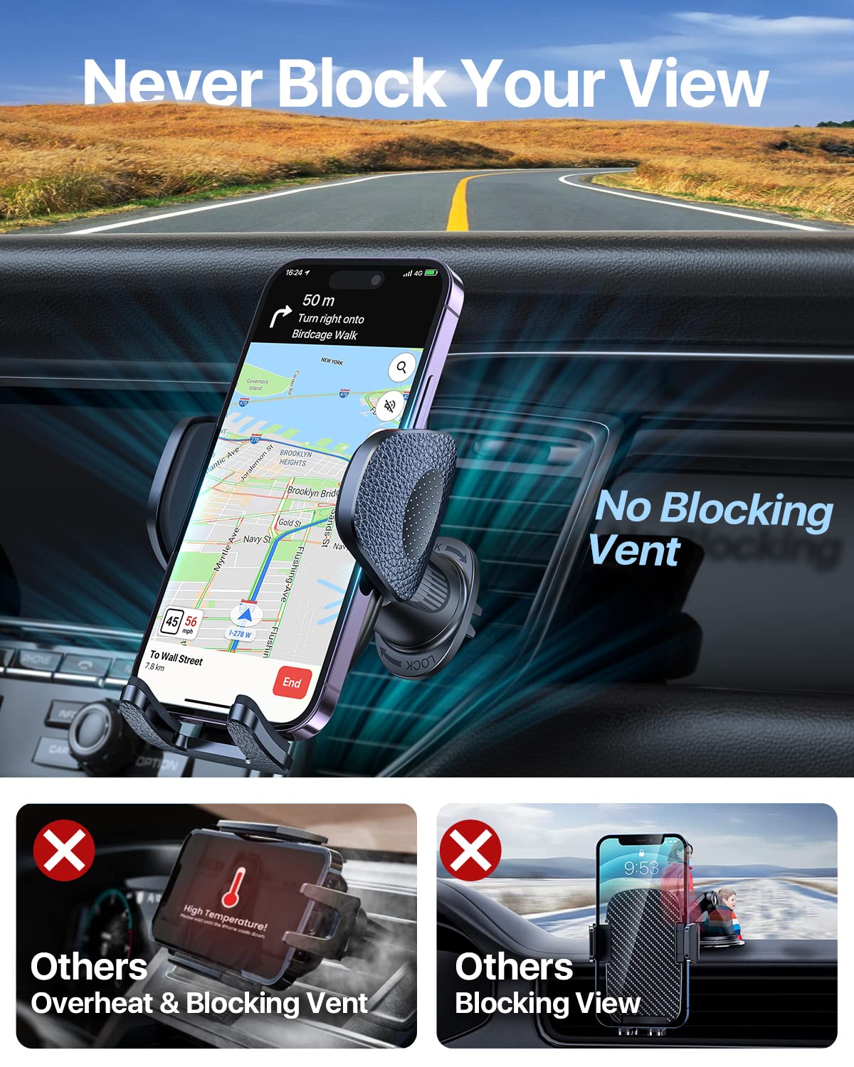 YRU Phone Mount for Car Vent [Upgraded Steel Clip], Sturdy Adjustable Shockproof Car Phone Holder, Handsfree Cell Phone Stand Cradle for iPhone 14 13 Pro Max, Samsung Universal Cellphone, Pickup Truck
