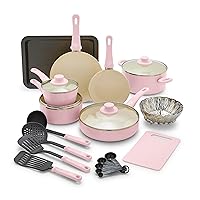 GreenLife Soft Grip Healthy Ceramic Nonstick 18 Piece Kitchen Cookware Pots and Frying Sauce Saute Pans Set, PFAS-Free with Kitchen Utensils and Lid, Dishwasher Safe, Soft Pink