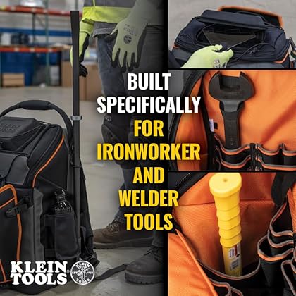 Klein Tools 55665 Ironworker and Welder Backpack, Fire Resistant Exterior, 27 Pockets, Hold Welding Helmet, Hard Hat, 36-Inch Connecting Bar
