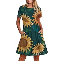 Summer Floral Dress for Women Casual Crewneck Flowy Pleated Short Sleeve Loose Swing Dresses with Pockets 2024