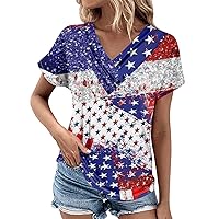 Women's Tops American Flag 4Th of July 2024 Dressy Star Stripes Patriotic High Low V-Neck Short Sleeve Shirts Clothing
