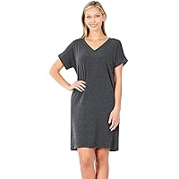Zenana Rolled Short Sleeve V-Neck Dress Charcoal 1X