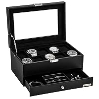 Watch Box Organizer for Men with 10-Slot, Watch Case with Real Glass Lid, Mens Jewelry box with Removable Tray for Storage and Display, PU Leather Watch Storage Boxes Black USSH003B