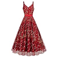 Women's Floral Embroidery Dress V Neck Mesh Vintage Cocktail Wedding Guest Gown Prom Evening Party Swing Dress