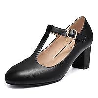 IDIFU Women's Pumps Dress Shoes for Women Mary Jane Low Chunky Closed Toe T-Strap Womens Dress Shoes Wedding Shoes for Bride Black Nude Silver Heels for Women