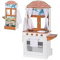 Double-Sided Kids Kitchen Playset, Farmhouse Wooden Pretend Play Kitchen for Toddlers w/Garden, Oven, Play Food, Apron, Towel, 2 in 1 Cooking Toy Mud Kitchen Gift for Girls Boys Age 3+
