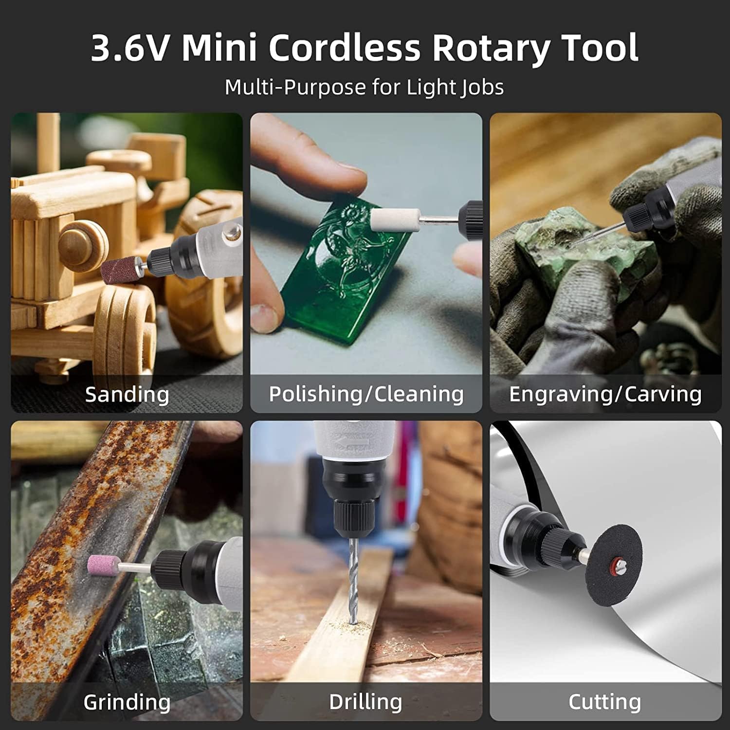 Rotary Tool Kit, 3.6V Cordless Rotary Tool with 50 Accessories, USB Rechargeable, 3 Speed Mini Rotary Tool, Multi-Purpose for Sanding, Polishing, Drilling, Engraving, DIY Small Projects