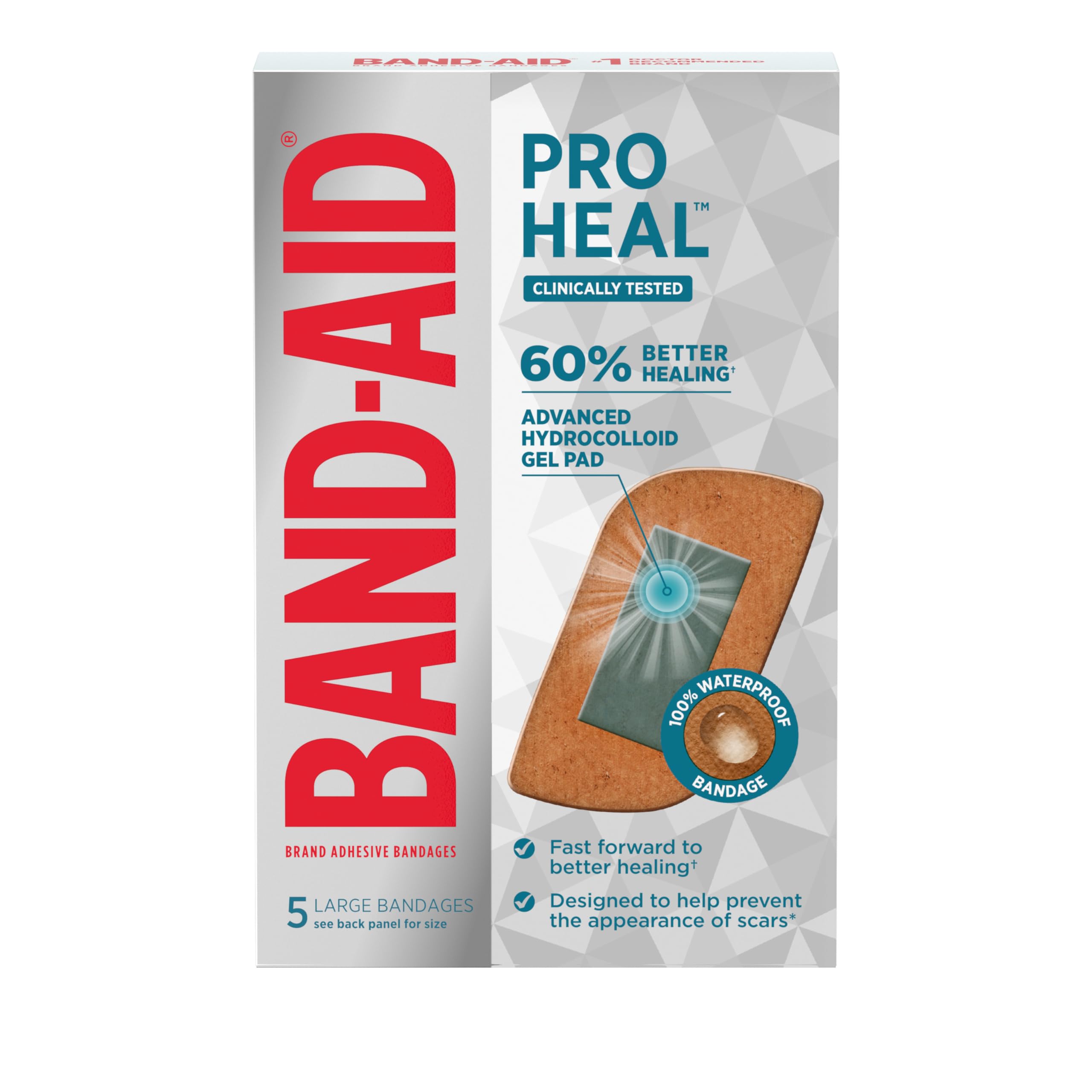 Band-Aid Brand Pro Heal Adhesive Bandages with Hydrocolloid Gel Pads, Large Clinically Tested Waterproof Bandages for Better Healing of Minor Wounds, Sterile First Aid Bandages, 5 ct