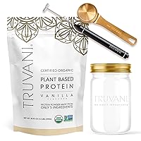 Truvani Vegan Vanilla Protein Powder with Jar, Frother & Scoop Bundle - 20g of Organic Plant Based Protein Powder - Includes Glass Jar, Portable Mini Electric Whisk & Durable Protein Powder Scoop