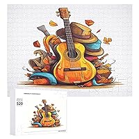 Wooden Puzzle Funny Cartoon Hats Guitar Jigsaw Puzzle 500 Pieces Personalized Picture Puzzle Family Decoration Puzzle for Adult Family Wedding Graduation Gift