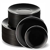 BloominGoods 100 PCS Disposable Plastic Black Plates Combo With Silver Rim | 50 7.5 In. Appetizer Plates And 50 10 In. Dinner Plates | Heavy Duty Plates For Wedding, Parties Or Catering
