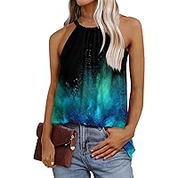 Women's Halter Tank Tops Summer Trendy Floral Print Loose Fit Shirts Sleeveless Adjustable Straps Casual Blouse